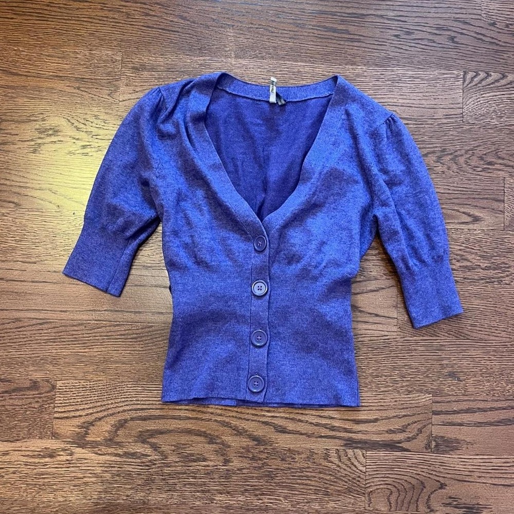 Y2K Purple Short Sleeve Tie Button Up‎ Cardigan Sweater Medium